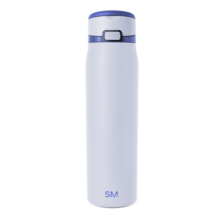 Soft pale blue-gray bottle with royal blue bands at top rim and middle section, featuring two-tone design accent.